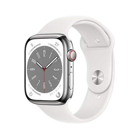Apple Watch Series 8 GPS + Cellular 45 mm Gümüş Rengi Paslanmaz Çelik Kasa ve Beyaz Spor Kordon - Normal Boy - MNKE3TU/A